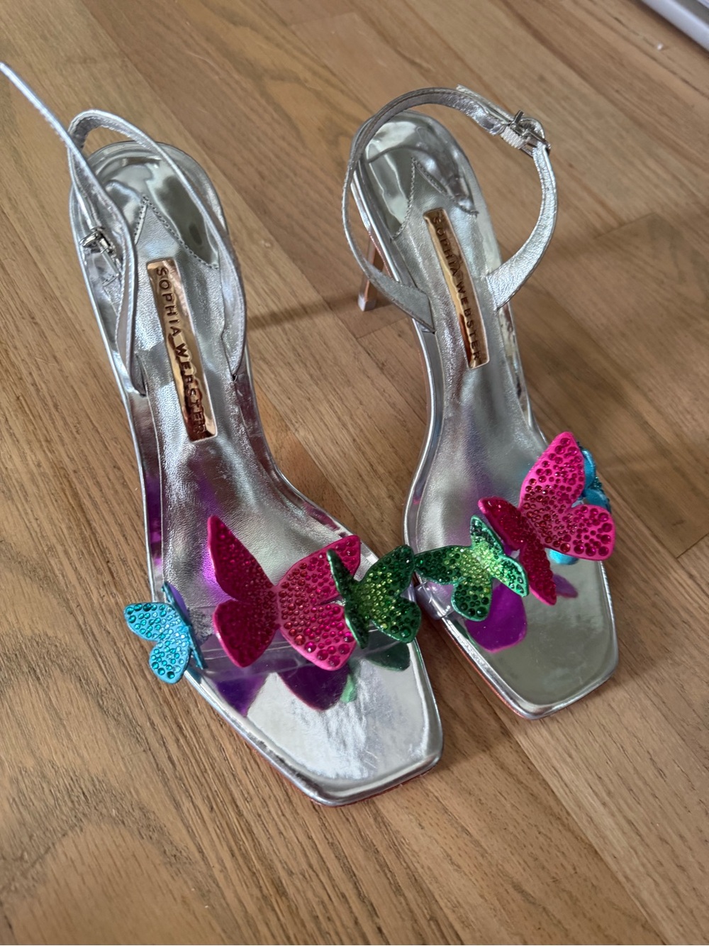 Sophia Webster Silver Slingback Heels with Multicolor Sequin Butterflies